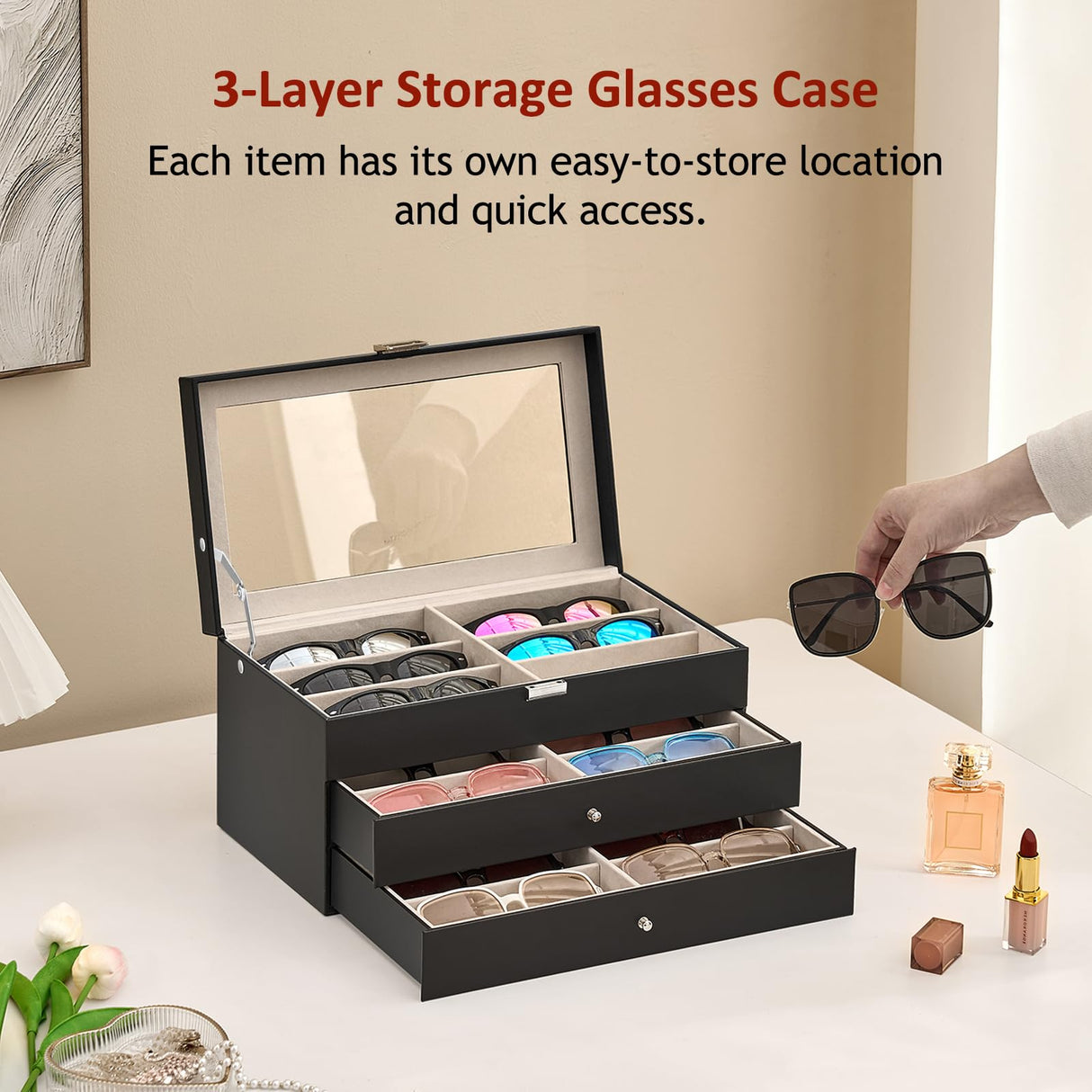 habgp Sunglasses Organizer with 18 Slots, 3-Layer Multiple Eyeglasses Eyewear Storage Glasses Holder Leather Box Display Case for Women Men - Black habgp