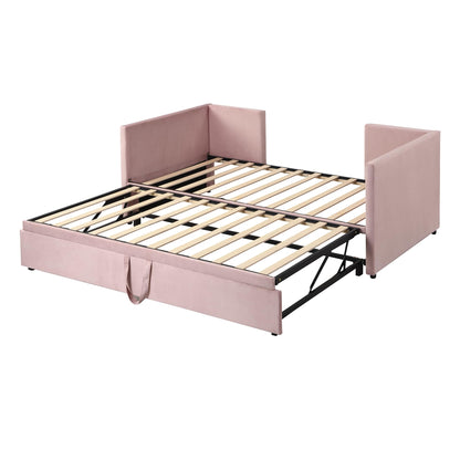 Acosure Twin Velvet Upholstered Daybed with Pop Up Trundle,Extendable Wooden Bed Frame W/Backrest and Armrests, King-Size,for Living Room Apartment,Pink