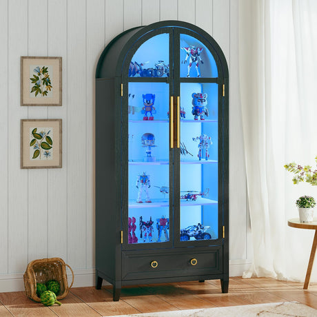 Lvifur 73" Tall Arched Display Cabinet with Glass Doors,4-Tier Curio Cabinets with 3 Color Lights for Collectibles,LED Storage Cabinet with Human Body Sensor,Ajustable Shelf for Toys, Books,Black Lvifur