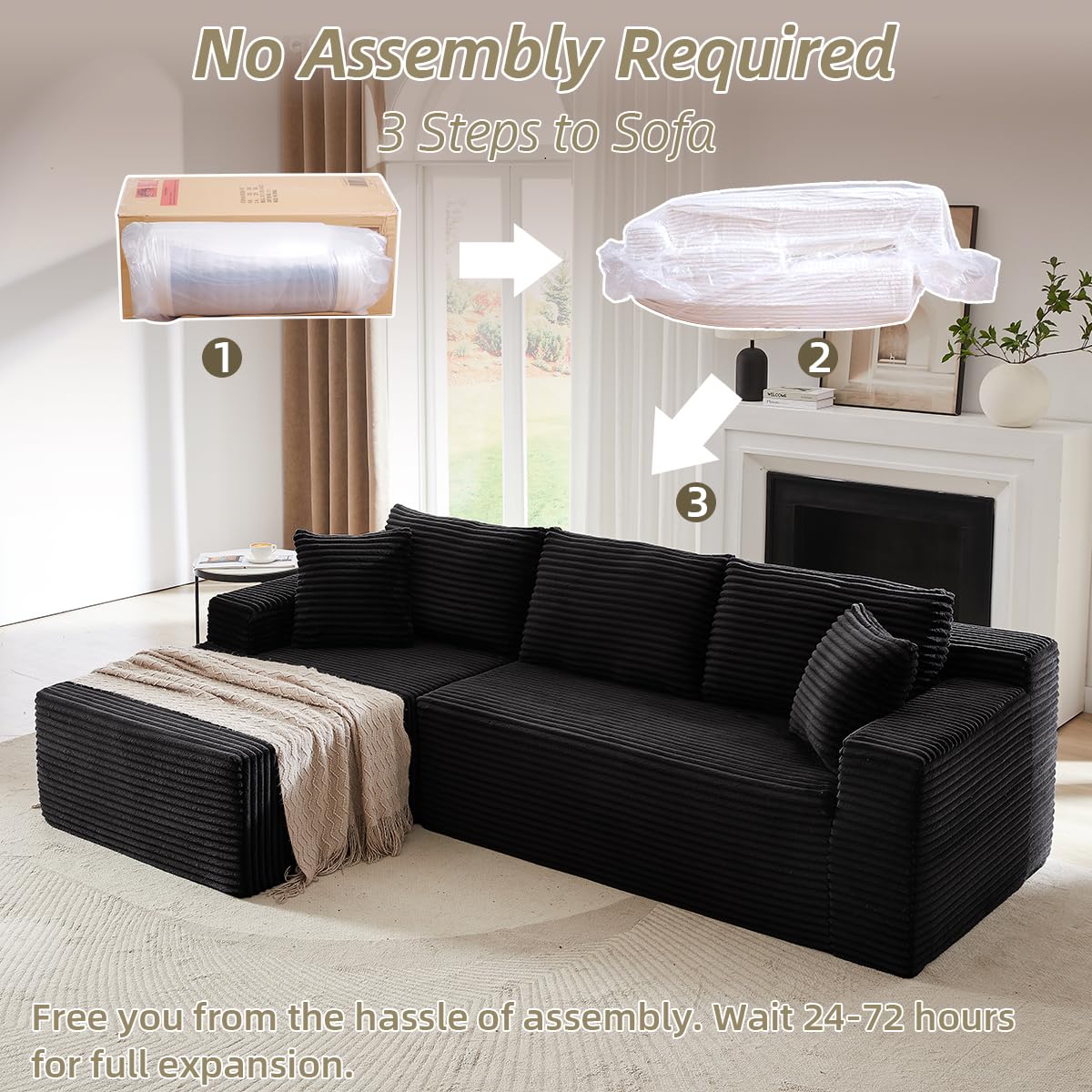 104 Inch Cloud Sectional Couch with L-Shape Chaise,Modern Upholstered Couches with Deep Seat,Corduroy Sponge Compressed Sofa for Living Room,No Assembly Required (Black) ZKJOLMN