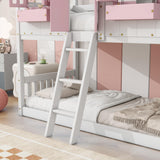 DNChuan Floor House Bunk Bed with Roof and Window,Built-in Storage Box,Wooden Guardrails with Door/Ladder,Low Bunker Bed Twin Over Twin for Kids Girls Boys,Pink/White DNChuan