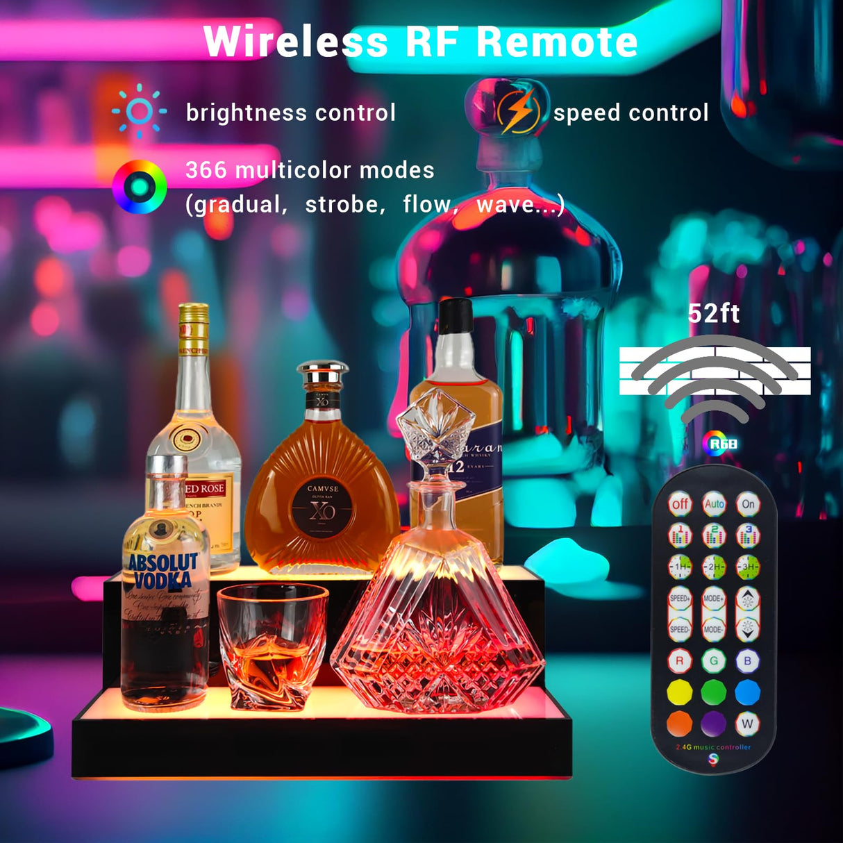 GOH&FTY LED Lighted Liquor Bottle Display Shelf,APP 16 inche 2Step LED Bar Shelves with Wireless Remote& Multicolor LED Light ,Bar Stand for Home Bar Accessories GOH&FTY