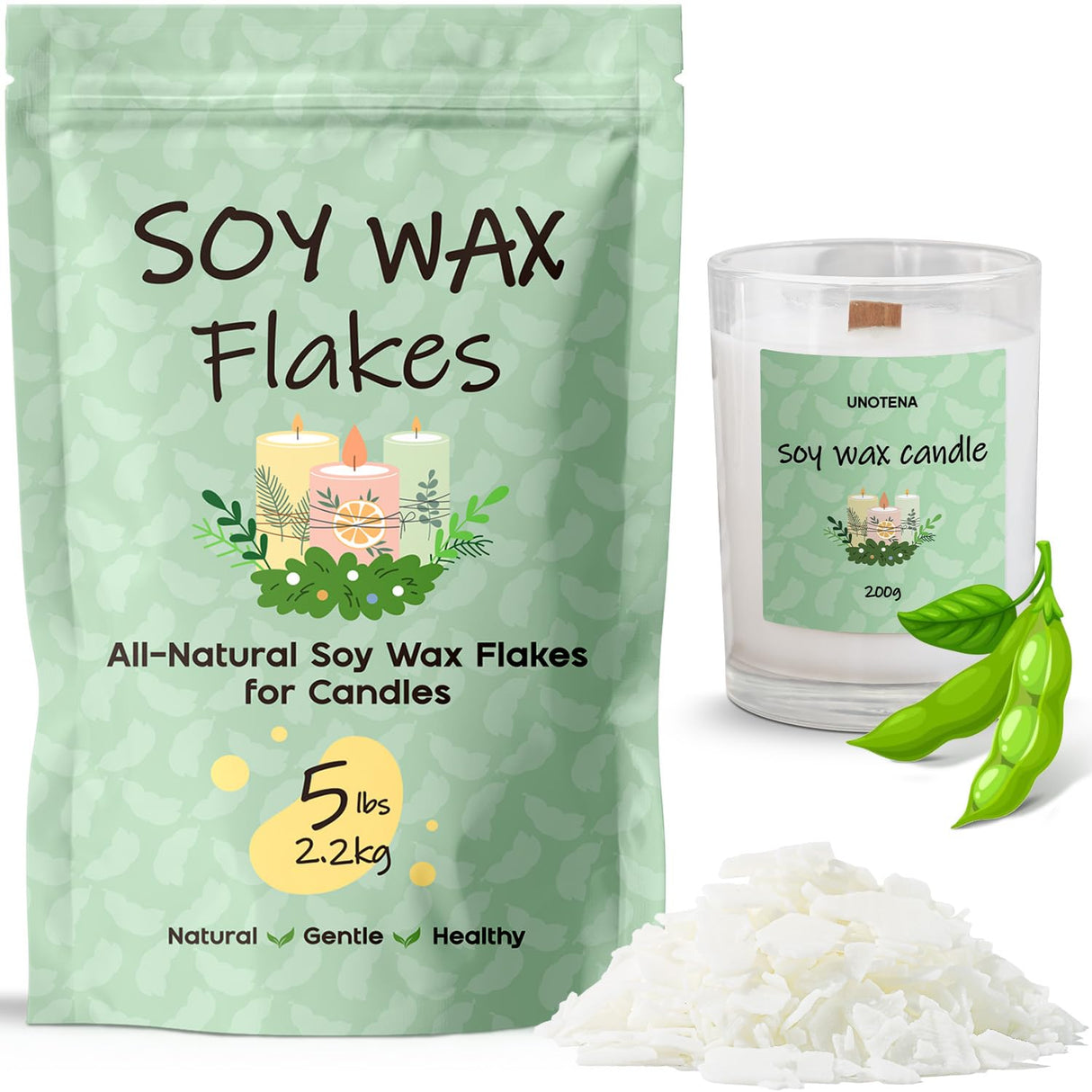 UNOTENA Soy Wax Flakes for Candle Making, Natural Candle Wax, Farm-Sourced, No Additives, Safe and Pure, 5LB UNOTENA