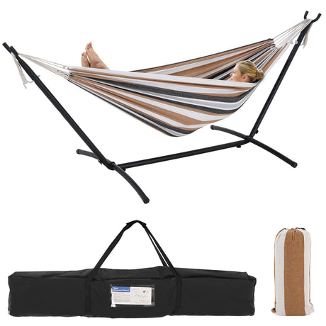 EVLIQUIL Double Hammock with Stand Included 450lb Capacity Space Saving Steel Stand,Premium Carry Bag Included,Suit for Outside,Indoor,Yard,Camping(Coffee). EVLIQUIL