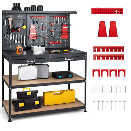 ERGOMASTER 48”x24” Garage Work Bench, Heavy Duty Work Table with Drawers, Pegboard, 965LBS Capacity, 25 Hanging Accessories Metal Tool Bench for Garage, Warehouse ERGOMASTER