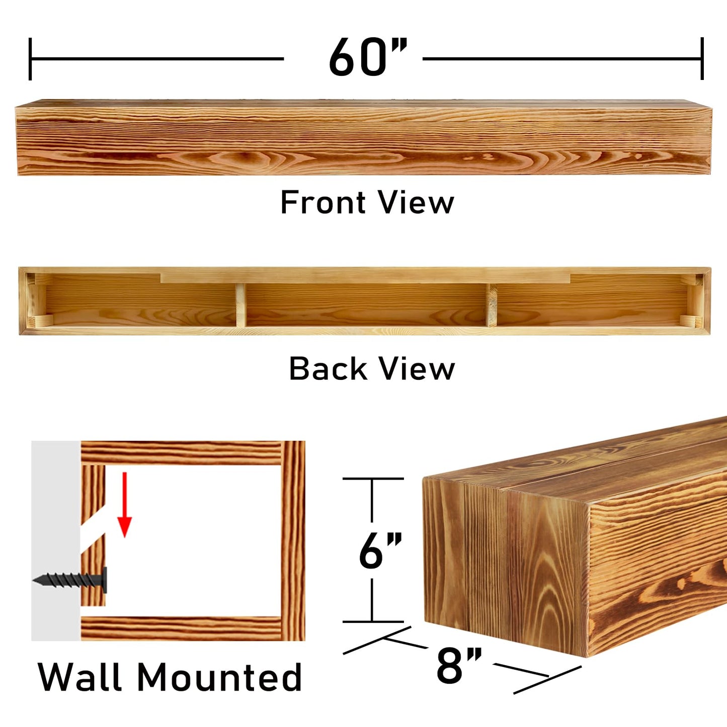 60 Inch Fireplace Mantel, Farmhouse Floating Fireplace Mantle, Wall Mounted Solid Rustic Wood Shelf, with Groove for Better Fireplace Decor and Frame Display (60" W x 8" D x 6" H)