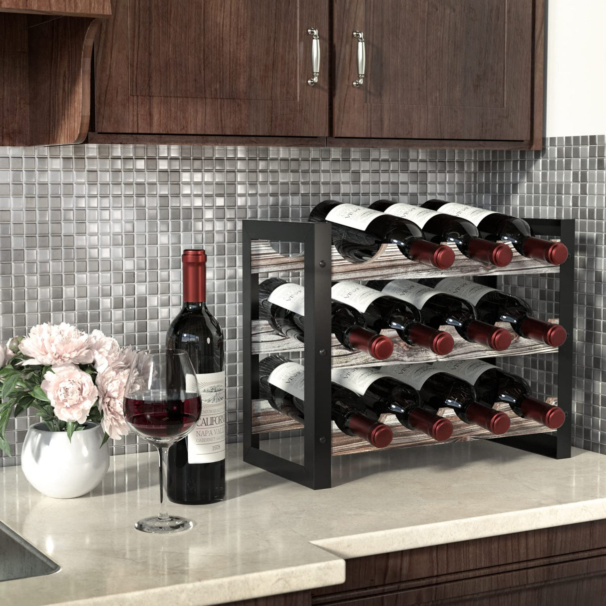 JACKCUBE Design Wine Rack Freestanding Floor 3 Tier Stackable 12 Wine Bottle Holder Storage Racks Countertop, Liquor Shelf Stand (Rustic Wood and Black Metal Frame)- MK521A J JACKCUBE DESIGN