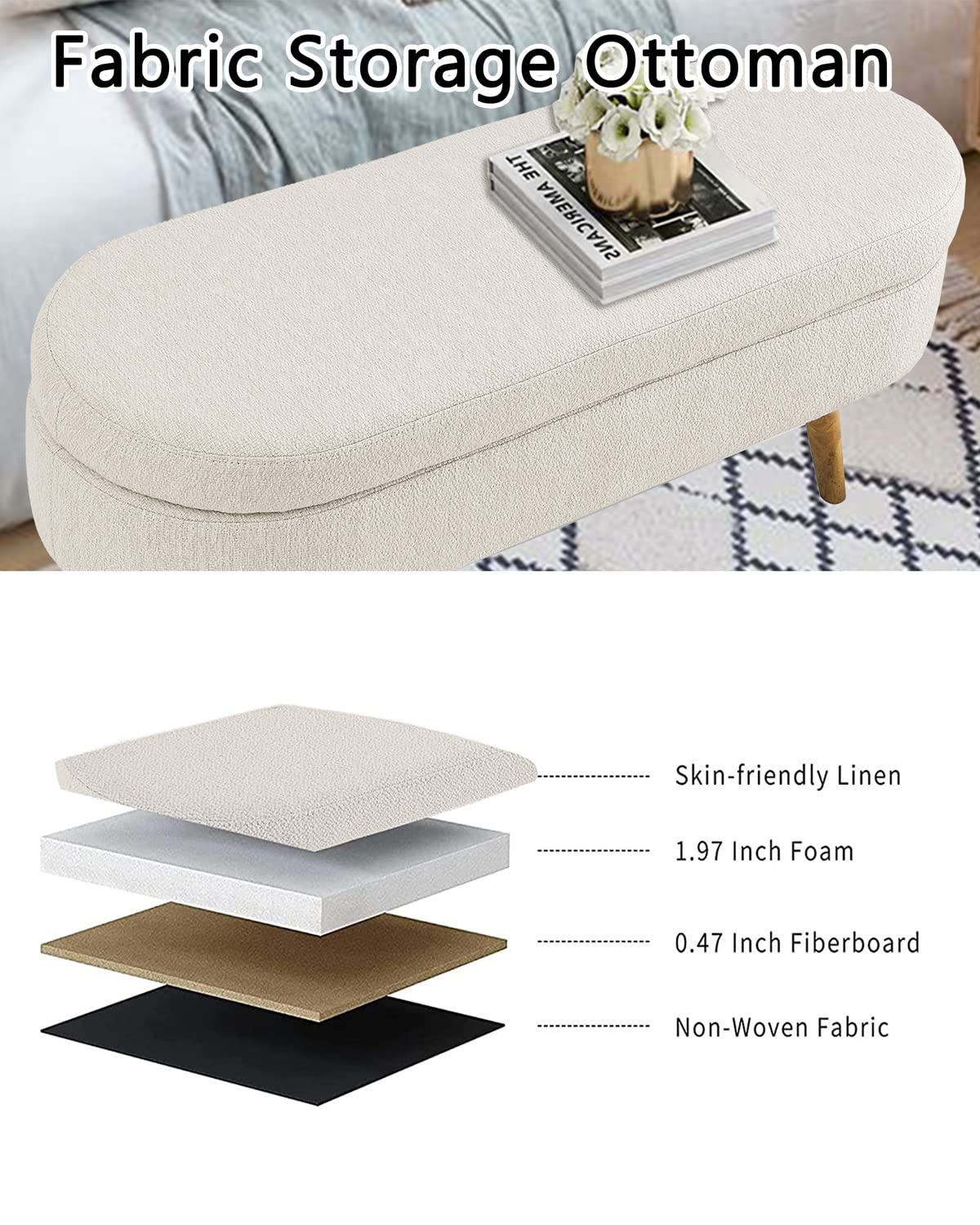 ECLYL Oval Storage Bench 43.5" Linen Fabric Upholstered Entryway Bench with Solid Wood Legs Ottoman Bench Indoor Bench for Living Room/Bedroom/End of Bed/Entryway (Beige) ECLYL