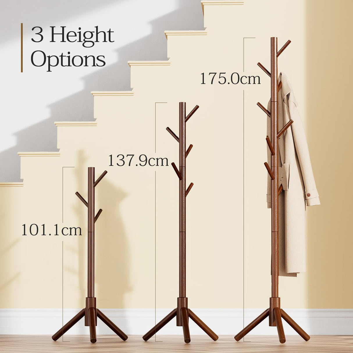 Pipishell Sturdy Wooden Coat Tree with 8 Hooks, 3 Adjustable Sizes for Clothes, Hat Stand Used in Bedroom/Office/Entryway, Brown Pipishell