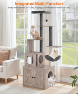 HOOBRO Cat Tree with Litter Box Enclosure, 67.7" H Wooden Multifunctional Pet Furniture with Hidden Litter Box, Perch, Hammock and Scratching Post, Cat Tower for Indoor Cats, Greige BG75MZ03 HOOBRO