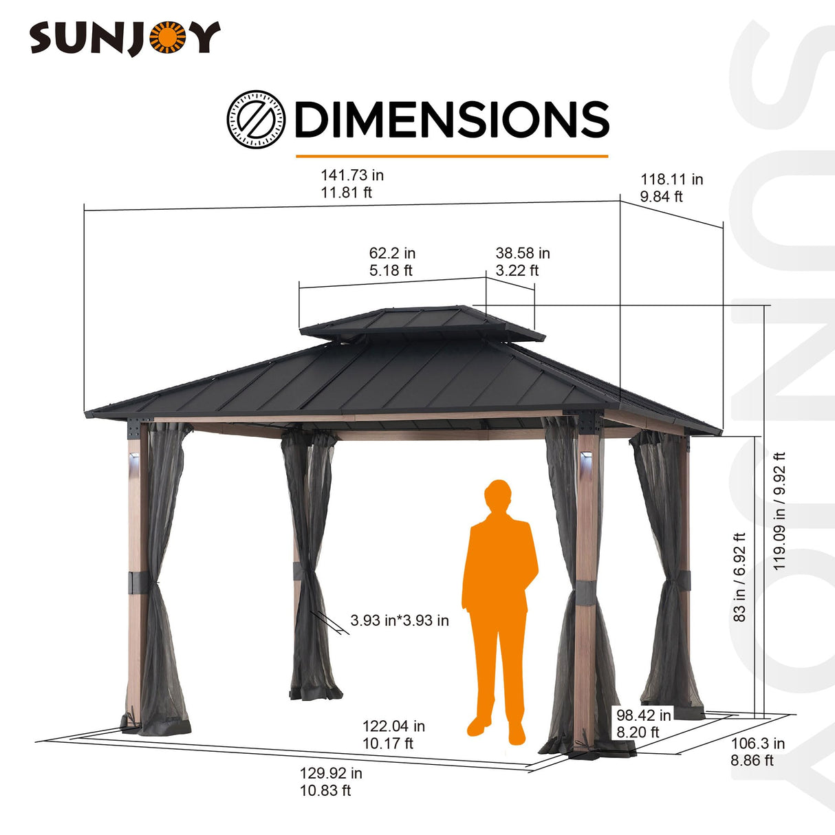 Sunjoy Hardtop Gazebo 10 x 12 ft. Outdoor Patio Gazebo with LED Lights (Batteries Operated), Remote Control and Netting, Black Sunjoy