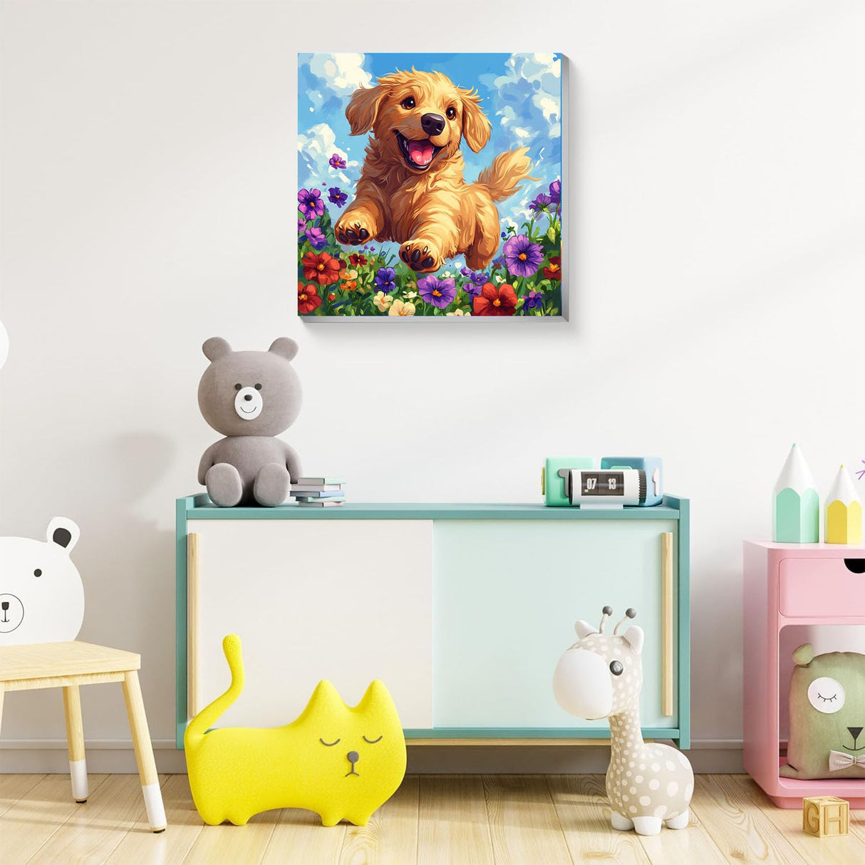 Dog Paint by Numbers Kit for Kids with Frame - Cute Dog Paint by Number for Kids, Kid Painting by Number Kits Age 8-12 for Home Wall Decor 8X8inch (with Wooden Easel) ajepon
