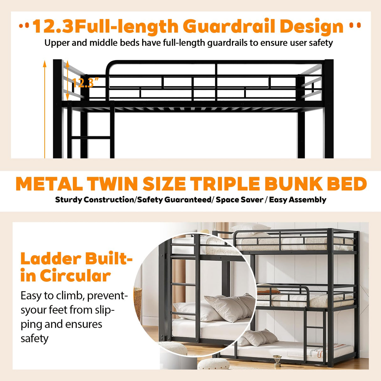 Bunk Beds, Metal Bunk Bed, Triple Bunk Bed for Kids,Teens, Adults, Girls, Boys, Detachable BunkBed Can Be Divided into 3 Twin Beds,No Box Spring Need (Black) Anwick
