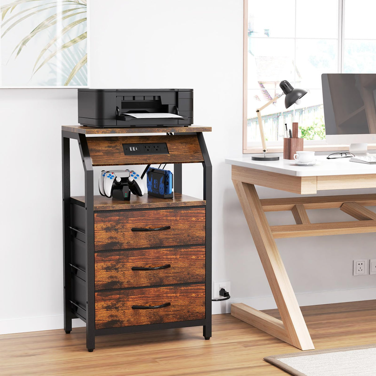 SZLHANJZ End Table with Charging Station, Nightstand with LED Lights and 3 Drawers, Small Dresser with Fabric Storage, Retro Side Table for Bedside, Living Room Dorm, Rustic Brown SZLHANJZ