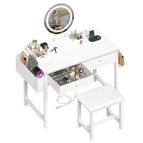 KAI-ROAD Makeup Vanity Desk with Mirror and Lights - Small White Vanity Table with Fabric Drawers & Chair, Power Outlet, Modern Make Up Vanitys Desks Set, Dressing Table for Girls Bedroom KAI-ROAD