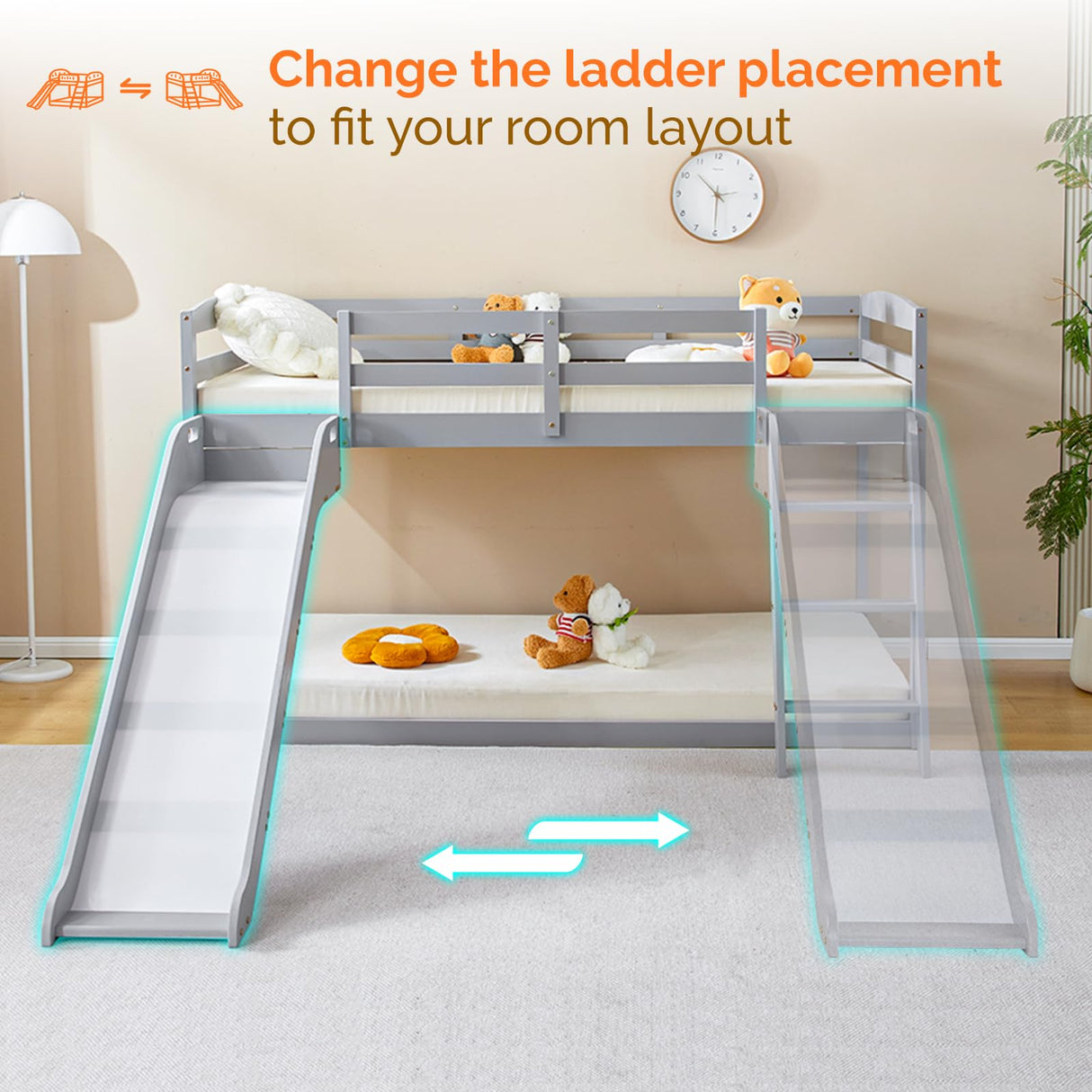 JOYMOR Bunk Bed with Curved Slide, Bunk Bed Twin Over Twin, Toddler Bunk Bed with Slide and Angled Ladder, Solid Pine Wood Slide Bed,14" Safety Guardrail, Anti-Slip Steps JOYMOR