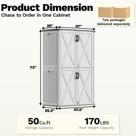 Devoko 50 Cu.ft Outdoor Storage Cabinet - Vertical Resin Storage Shed - Holds Patio Furniture, Pool Toys, Garden Tools (White) Shelf Not Included Devoko