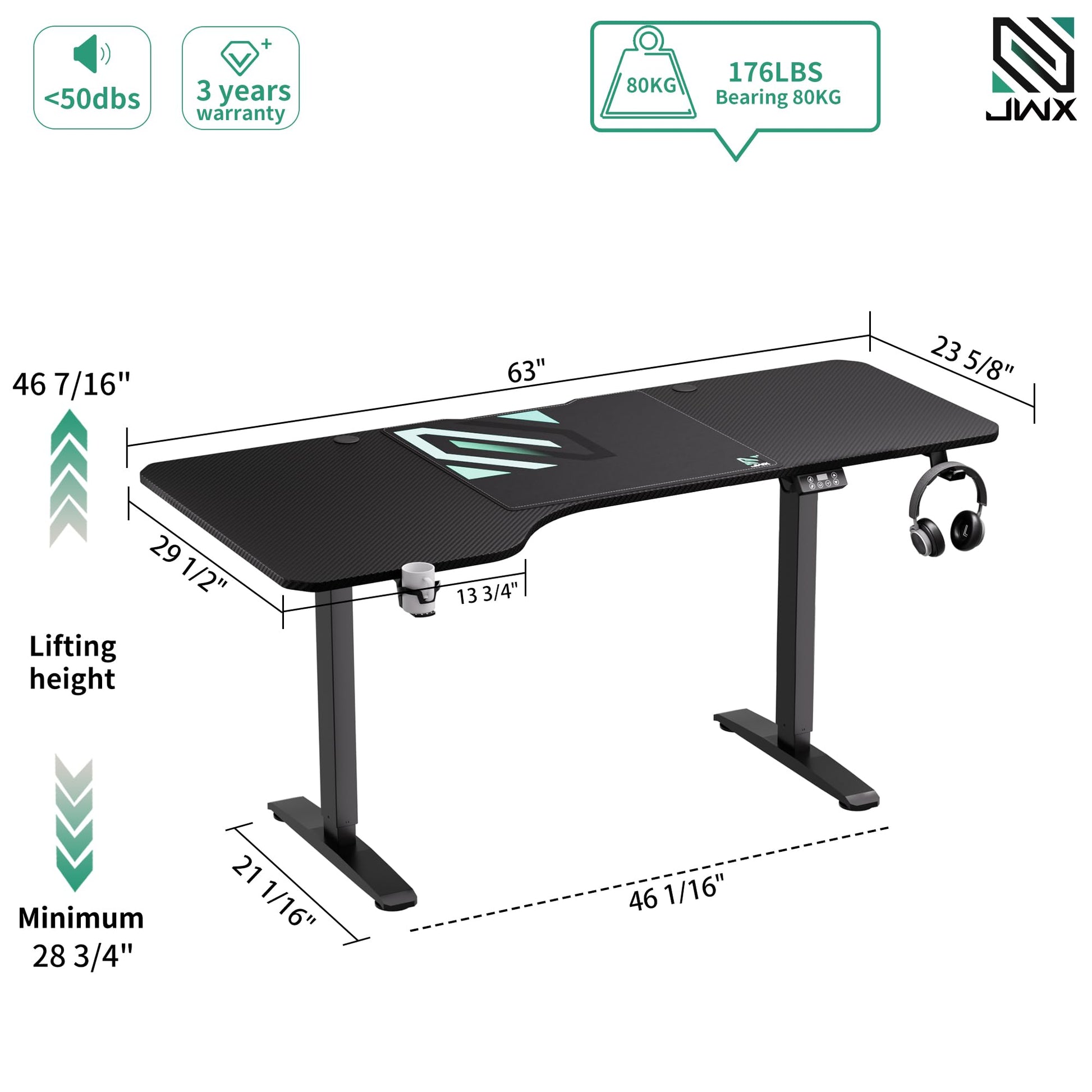 JWX L Shaped Electric Standing Desk, 63 Inches Stand Up Corner Desk, Home Office Sit Stand Desk with Carbon Firben Top, Black Frame & Caster Wheels Set… - WoodArtSupply