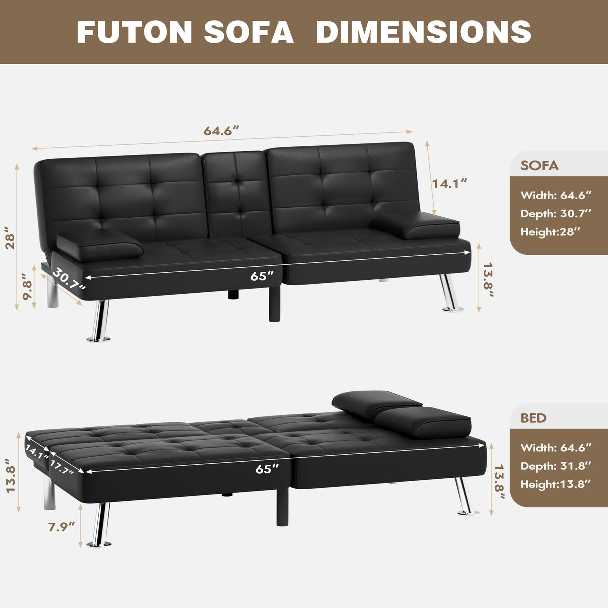Homall Futon Sofa Bed, Leather Futon Couch with Removable Armrests, Adjustable Recliner Sleeper Sofa Bed with Dual Cup Holders for Living Room, Apartment, Office (Black) Homall