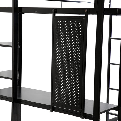 JINS&VICO Twin Size Loft Bed with Desk and Shelves, Metal Loft Bed Frame with 2 Built-in Ladders, Guardrail, Loft Bed for Juniors, Adults, Noise-Free & No Box Spring Needed, Black JINS&VICO
