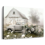 gaosoul Rustic Farmhouse Barn Canvas Wall Art Framed Misty Countryside Field Landscape Painting Rusty Old Truck Loaded With Flowers Picture Prints for Bedroom Living Room Office Decor 16x12in gaosoul