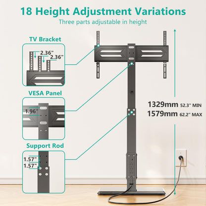 WALI Floor TV Stand with Power Outlet, Tall TV Stand Mount for 32-75 inch TV up to 110 lbs, Swivel and Height Adjustable TV Stands with Wood Base for Bedroom, Office(TVDVD-7P), Black