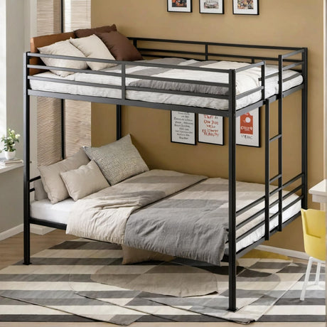 PVWIIK Queen Over Queen Metal Bunk Bed with Built-in Stairs & Convertible 2 Beds,Heavy Duty Bunk Bed w/Ladder & Safety Guardrail,Space Saving Design, No Box Spring Needed, Black PVWIIK
