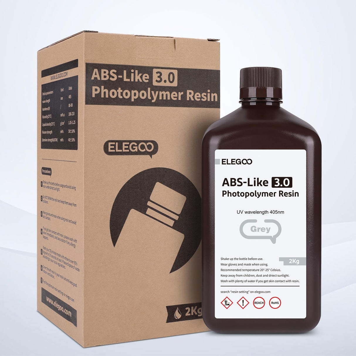 ELEGOO Upgraded ABS-Like 3D Printer Resin 3.0, 405nm UV-Curing LCD Resin High Precision Fast Curing Non-Brittle Photopolymer Resin for LCD Printing Grey 2KG ELEGOO