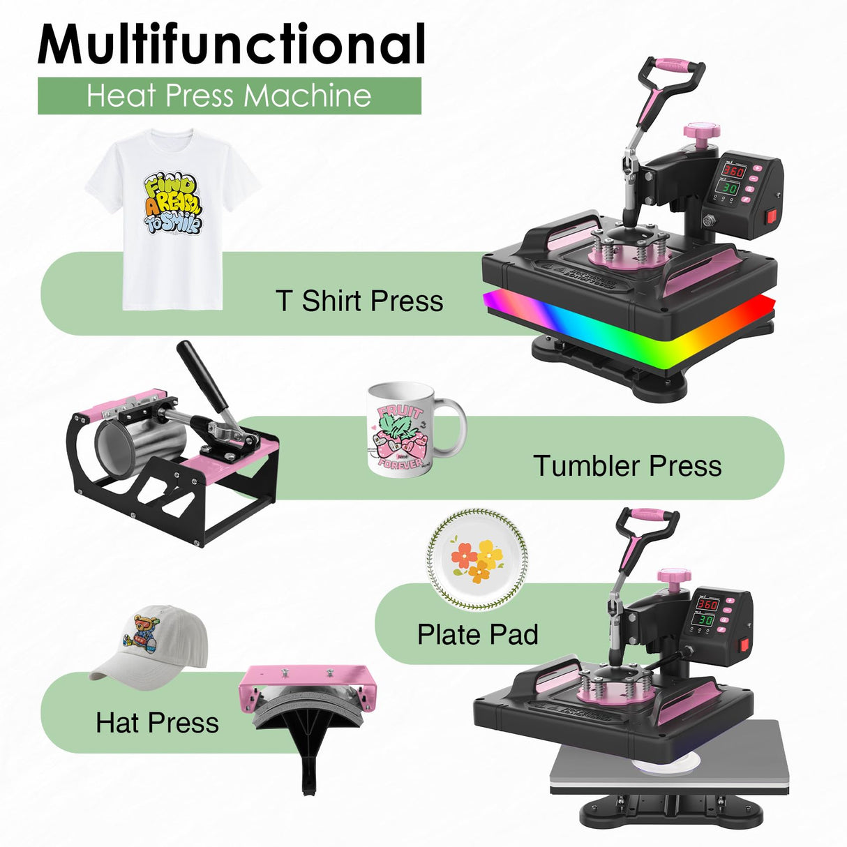 Seeutek Heat Press 5 in 1 Heat Press Machine 12x15 inch T Shirt Pressing Machine with 360 Degree Swing Away, Multifunction Heat Transfer Sublimation Combo for T Shirts Mugs Hat Plate Cap Pink Seeutek