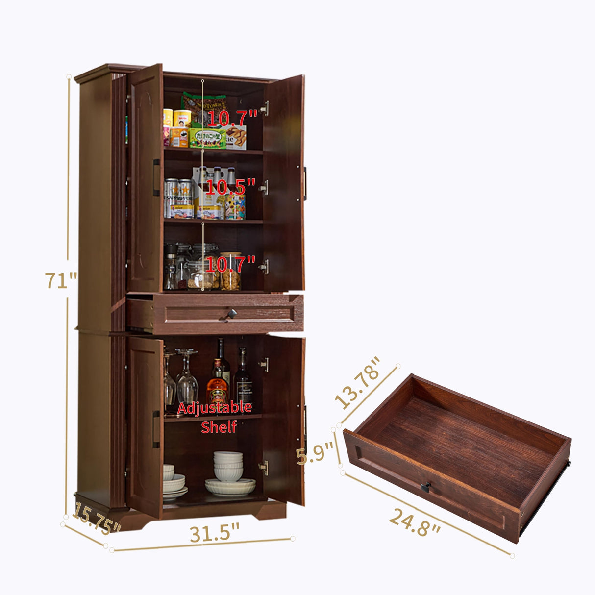 71" Tall Pantry Cabinet with Drawer and Adjustable Shelves, Modern Storage Cabinet with Doors, Kitchen Buffet Cabinet, Food Pantry Storage Cabinet, Coffee Bar, Living Room and Dining Room Cherry LIDYUK