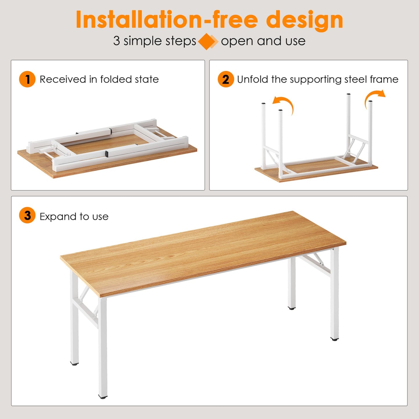 Need Computer Desk Office Desk 62 inches Folding Table with BIFMA Certification Conference Table Workstation,Teak White