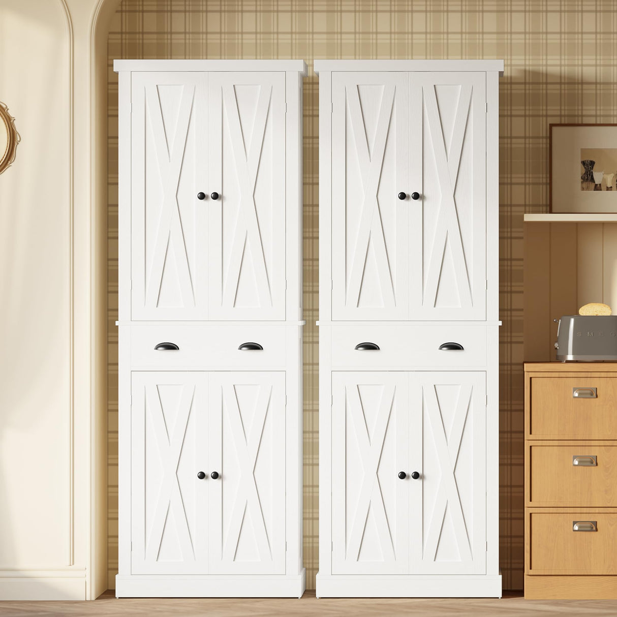 IRONCK Kitchen Pantry Storage Cabinet 72.6" H x 24" W, with Barn Doors, Drawer, 4 Adjustable Shelves, Freestanding Cupboard for Dining Room Living Room, Laundry, White IRONCK