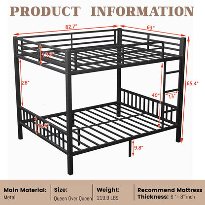 Queen Over Queen Bunk Beds for Adults, Metal Bunk Bed Queen Size,Heavy-Duty Bunk Bed Frame with Ladder and Slats Support for Boys Girls,Space-Saving,Noise Reduced,Black