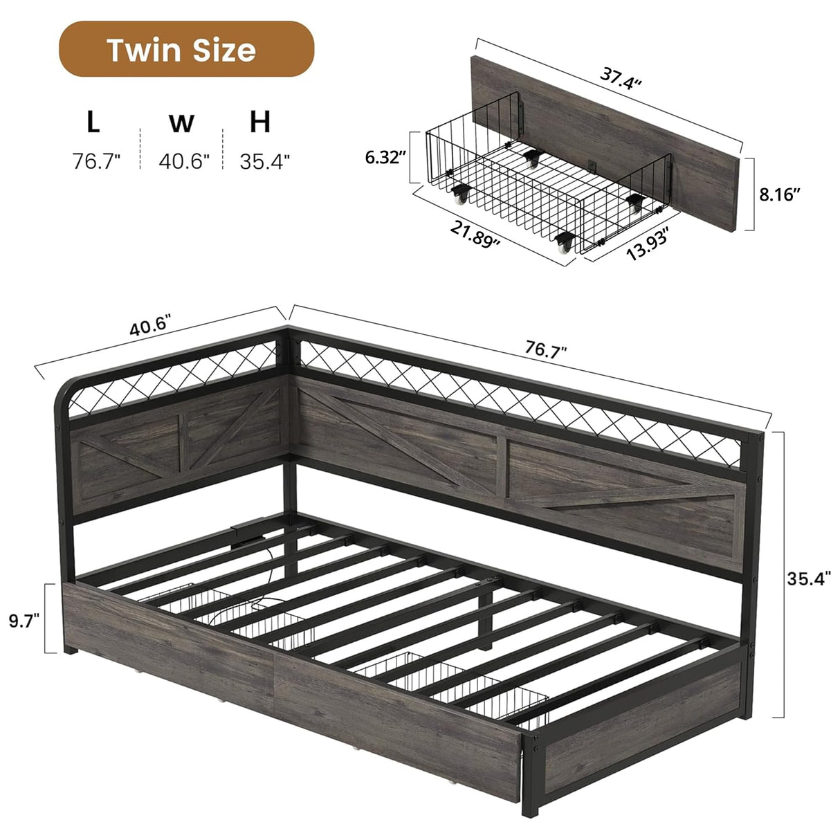 ANCTOR Twin Daybed with Storage Drawers, Corner Bed Frame with LED Lights and Charging Station for Living Room, Bedroom and Guest Room, Charcoal Grey ANCTOR
