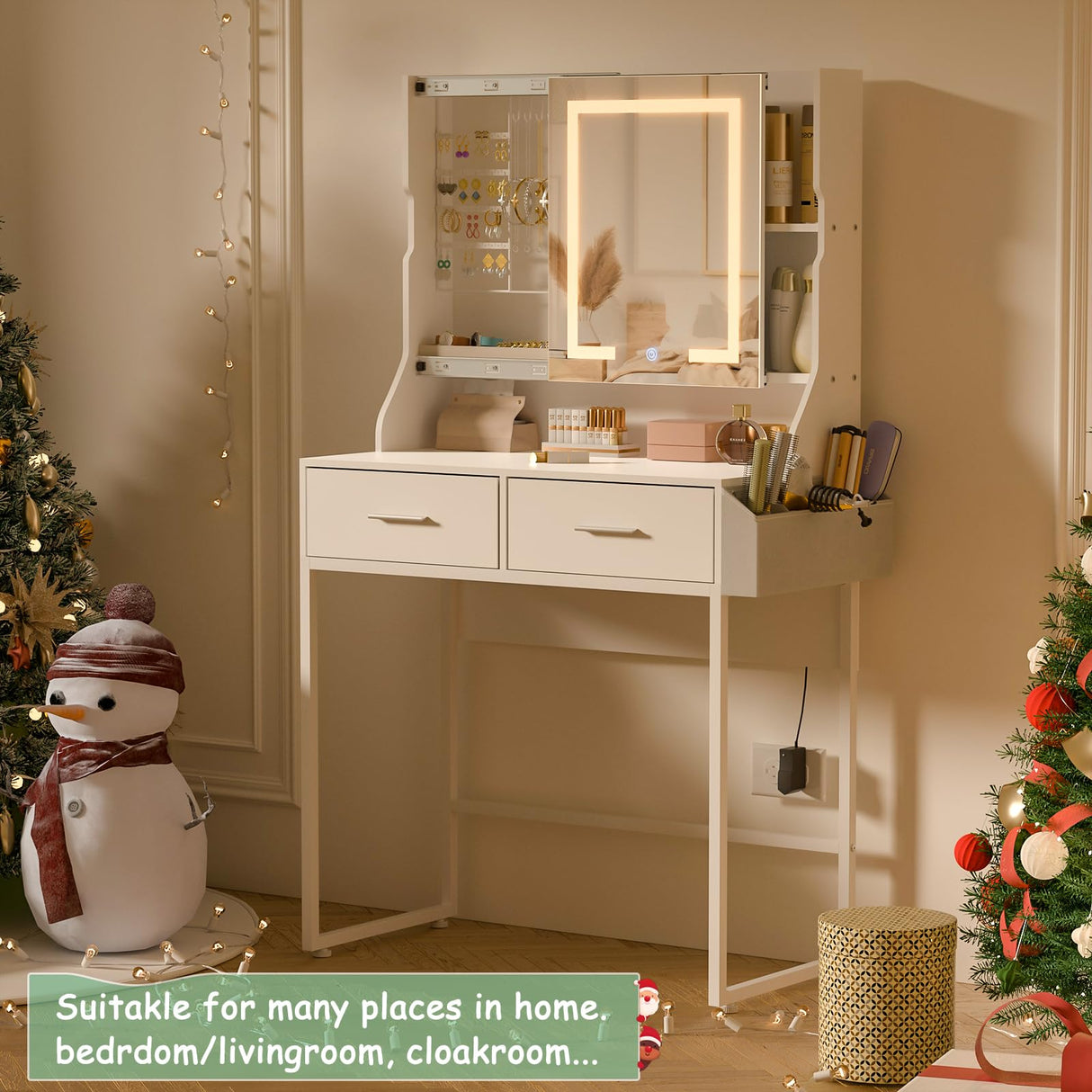 Uiithokyia White Vanity Desk, Makeup Vanity Table with Mirror LED Lights, Vanitys for Jewelry Organizer, 2 Storage Drawers, and Side Pockets Hair Tools Storage, Bedroom Vanity Table for Women, Girls Uiithokyia