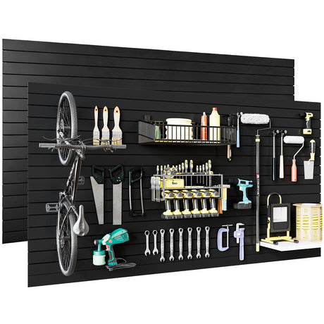 2pcs 4 x 8ft Slat Wall Panels Garage Wall Organizer, Heavy PVC Wall Hanger with 12 Hooks, Slatwall Panel Wall Storage Systems for Garage Wall Storage, Slatted Wall Panels - Black Maeklon