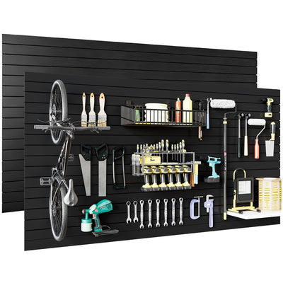 2pcs 4 x 8ft Slat Wall Panels Garage Wall Organizer, Heavy PVC Wall Hanger with 12 Hooks, Slatwall Panel Wall Storage Systems for Garage Wall Storage, Slatted Wall Panels - Black