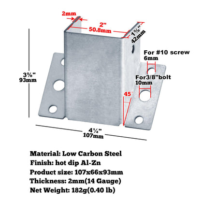 10 Pack 45-Degree Post and Beam Knee Bracket for Actual 2"x 4",2"x 6" Roughsawn Lumber,Inner Width:50mm,Thickness 2mm(14 Gauge) 45°Angle Post Support Bracket for Pergola