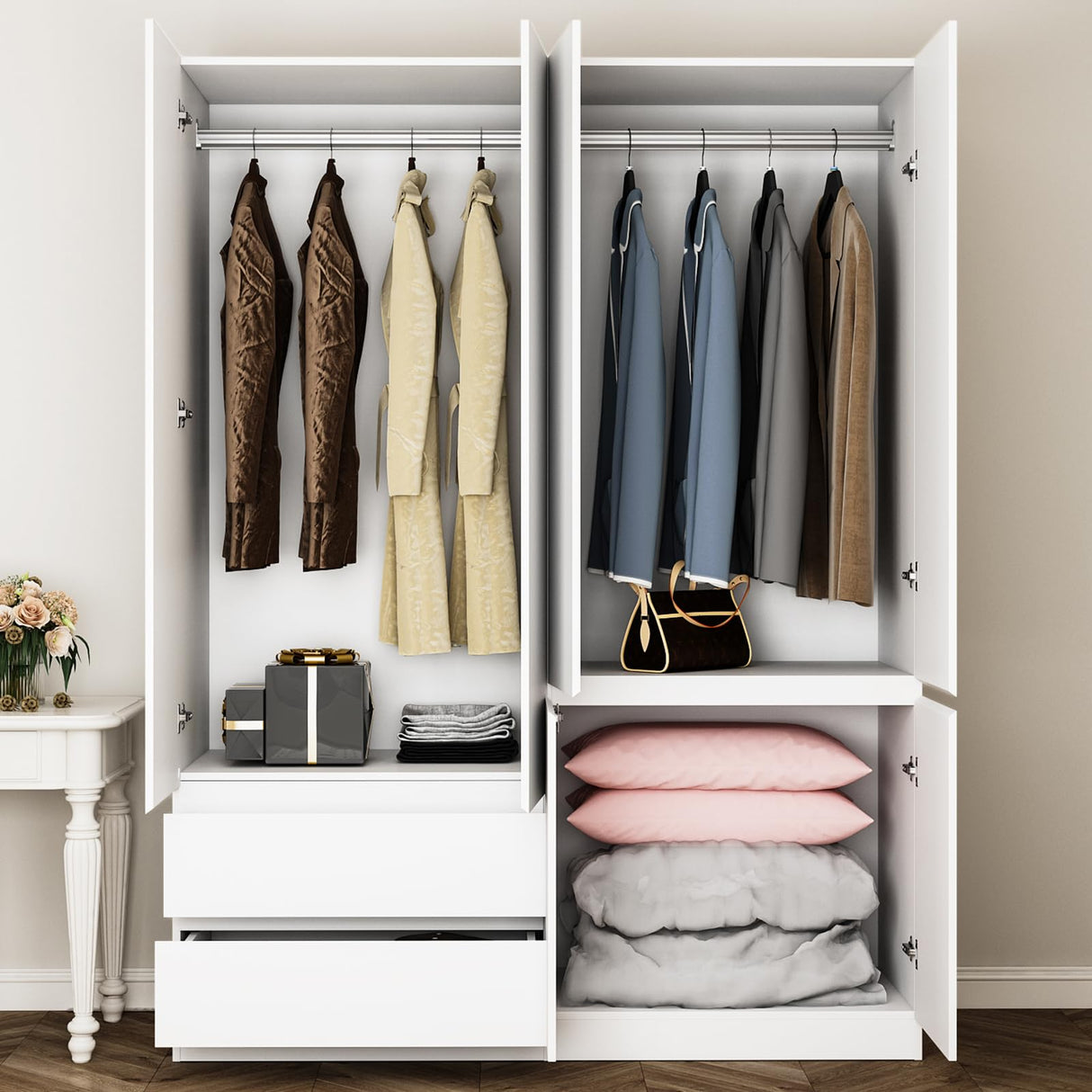 Jiaoun 78.74" 4-Door Armoire Wardrobe Closet, with Drawers and Shelves,Armoires and Wardrobes with Hanging Rod, Wooden Wardrobe Closet（White） 63" L x 20.39" W x 78.74" H Jiaoun