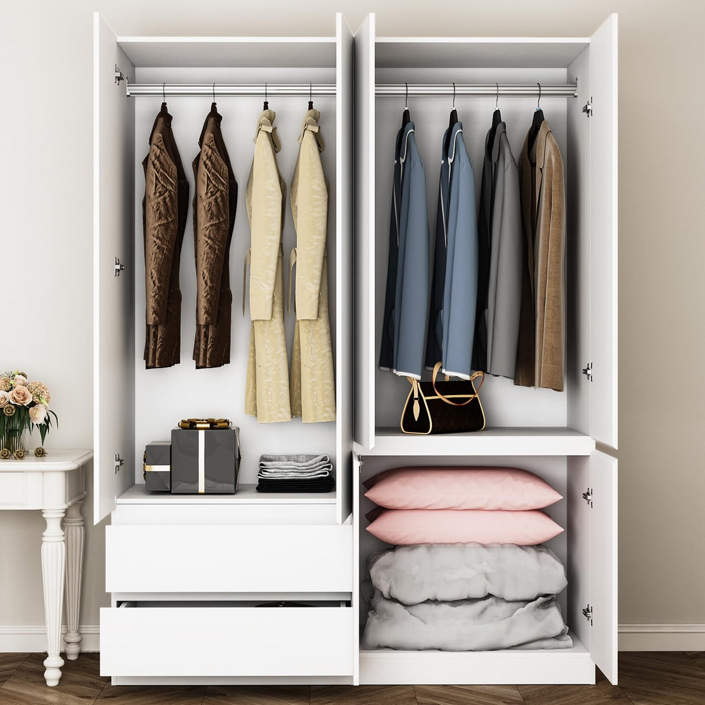 Jiaoun 78.74" 4-Door Armoire Wardrobe Closet, with Drawers and Shelves,Armoires and Wardrobes with Hanging Rod, Wooden Wardrobe Closet（White） 63" L x 20.39" W x 78.74" H