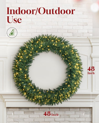 OasisCraft 48" Large Artificial Pre-Lit Fir Christmas Wreath with 200 LED Lights, 540 PVC Branch Tips, Holiday Decoration for Door, Plug-in