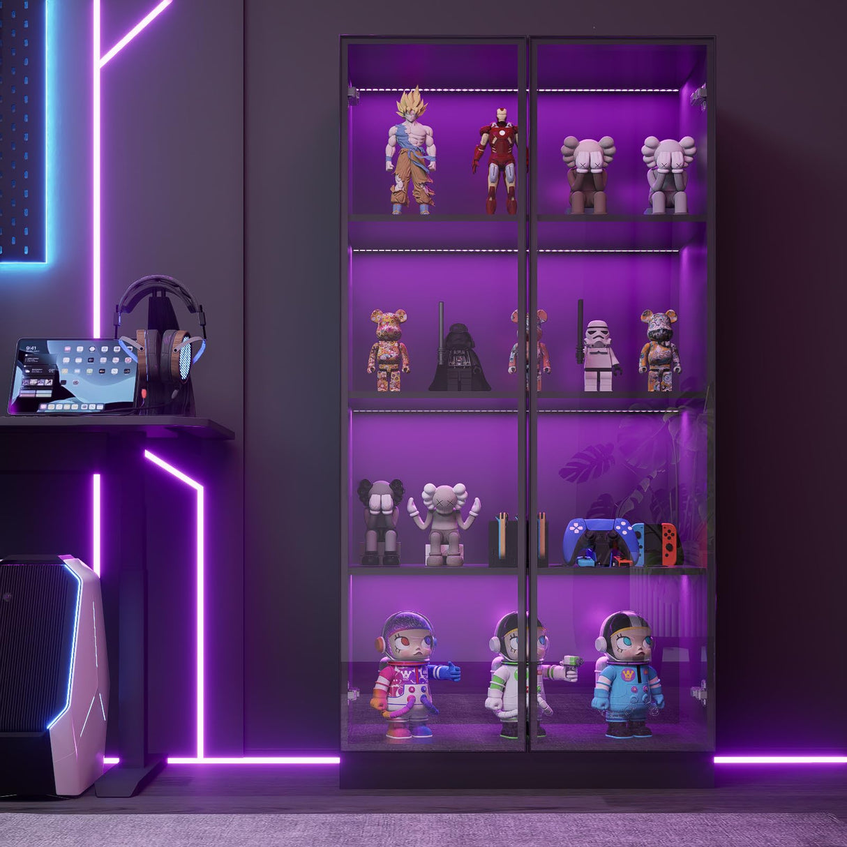 ZORPLIX Display Cabinet with LED Lights, Glass Display Case Cabinet with 4-Tier Shelves, Curio Cabinet with 2 Glass Doors, Storage Cabinet for Collectibles, Living Room ZORPLIX