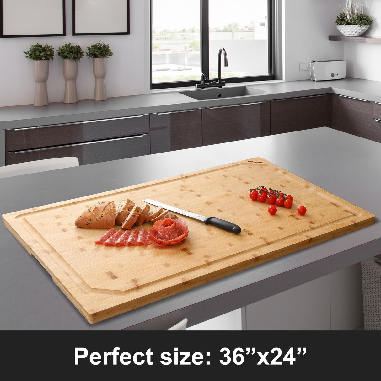 36 x 24 Extra Large Bamboo Cutting Board for Kitchen, Cutting Board Stove Top Cover with Handle, Butcher Block Chopping Board with Juice Groove, HIWARE