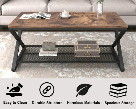 LVB Rustic Coffee Table, Industrial Metal Wood 2 Tier Cocktail Tea Table with Storage for Living Room, Farmhouse Wooden Rectangle Center Table with Mesh Shelf for Office Bedroom, 39 inch, Rustic Brown LVB