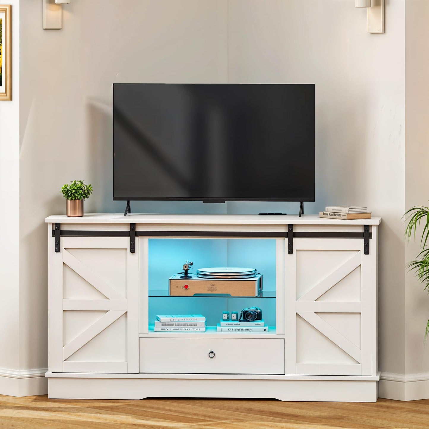 YITAHOME Corner TV Stand for 65 Inch TV, Corner Entertainment Center with Sliding Barn Door & Power Outlet, Farmhouse Console Table and Media Furniture for Living Room, 58 Inch White