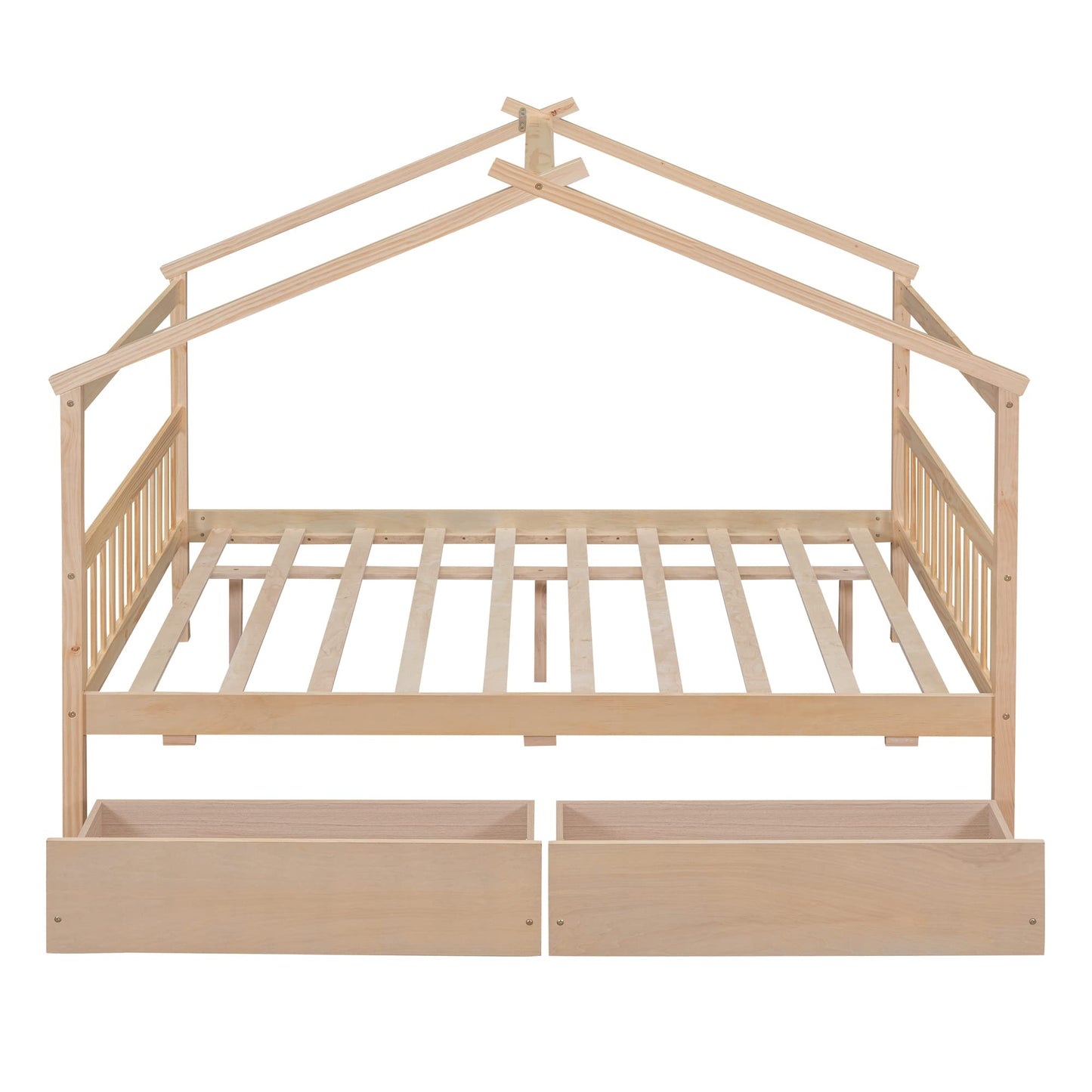 BOVZA Full Size Wooden House Bed with Storage Drawers for Kids - Natural Montessori Design