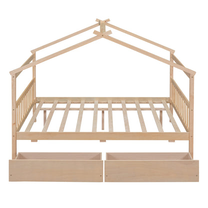 BOVZA Full Size Wooden House Bed with Storage Drawers for Kids - Natural Montessori Design