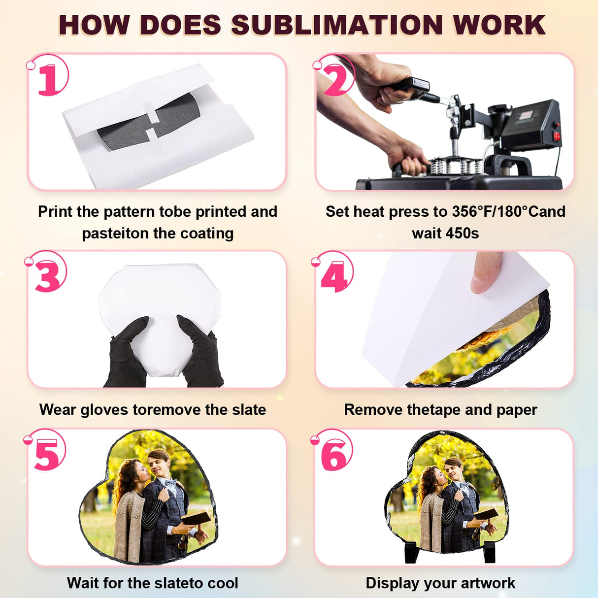 Beclumas 6 Pack 5.7" X5.7" Sublimation Slate Blanks,Heart Heat Thermal Transfer Stone Slate Picture Frame Plaque with Display Stand for Desktop Souvenir DIY Personalized Custom Gift Design Beclumas