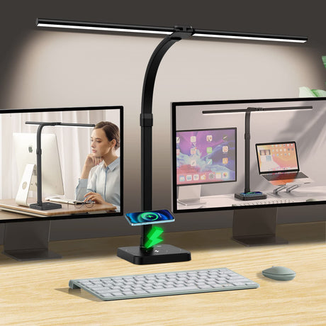 AKRRYR LED Desk Lamp for Home Office, Double Head 24W with USB Charging Port & Wireless Charger, Architect Light 5 Lighting Brightness Flexible Gooseneck Table Reading Study, Black AKRRYR