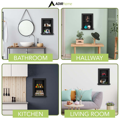 AdirHome Recessed Wall Mount Storage Cabinet – Sturdy Fully Assembled Wooden Utility Storage Shelf – Ideal for Home Kitchen, Bathroom, Laundry, Medicine Cabinet (Black) AdirHome